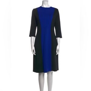 St. John Blue Black Colorblock Stretch Knit Dress Size 8 3/4 Sleeve Midi